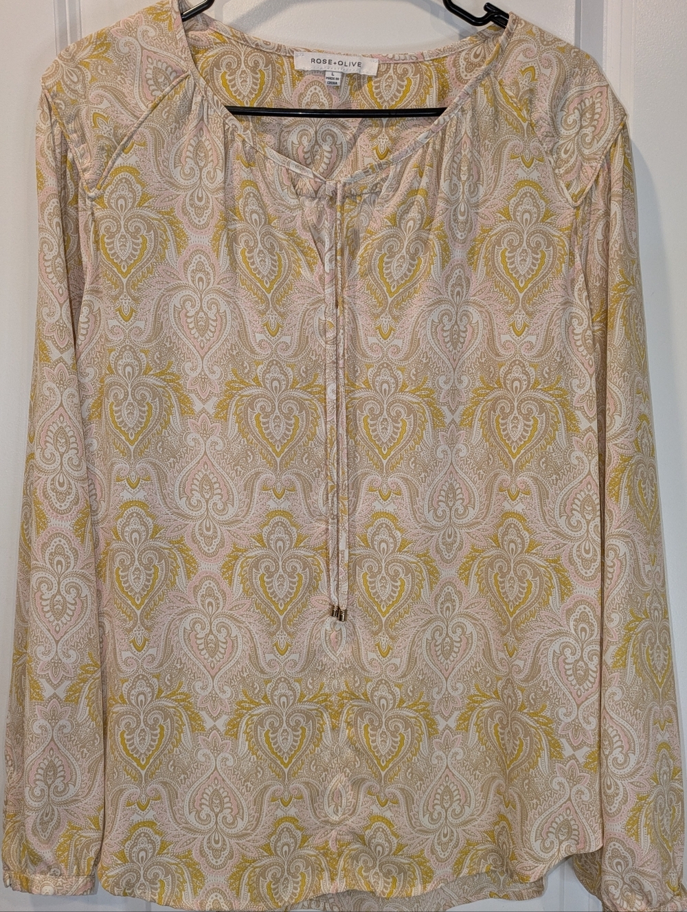 Rose + Olive Large Paisley Blouse Tie Neck Boho Lightweight Flowy Top